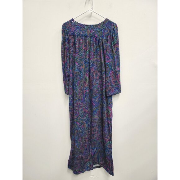 VTG 90s Miss Elaine Womens Long Night Gown Medium Blue Paisley Long Sleeve Trad - Picture 7 of 7